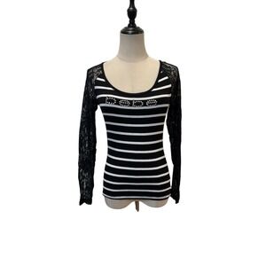Vtg Y2K Bebe Lace Sleeve Striped Top Black White Sz M Indie Sleeze Mall Goth